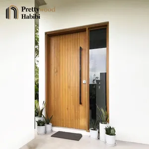 Prettywood Modern Interior Door Modern Bedroom Vertical Slats Lines Design Flush Solid Wooden Slab Room Door For Houses