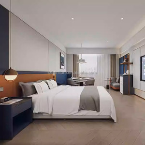 Lit plateforme Queen en bois MDF économique pour hôtel, avec tête de lit, table de chevet assortie et matelas – Mobilier de chambre complet - Product Image 1