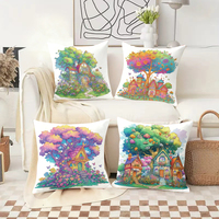 Maisons dans les arbres enchantées, nichées dans des forêts vives et colorées, sur des coussins décoratifs confortables