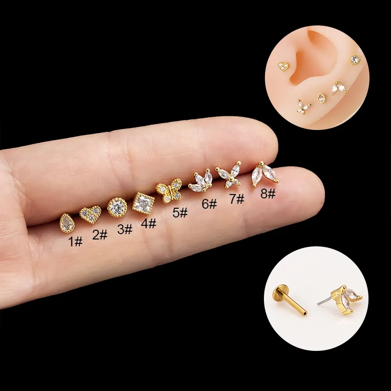 HENGSEN 16G G23 Titanium Flat Back Zircon Headed Push Pin Labret Lip Piercing F136 Ear Piercing Jewelry Cartilage Helix Earring