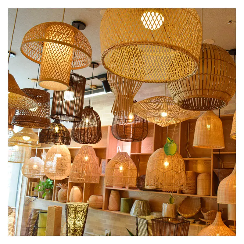 Lámpara colgante minimalista de ratán de bambú para algas marinas, luz de cesta de mimbre, candelabros modernos y luces colgantes