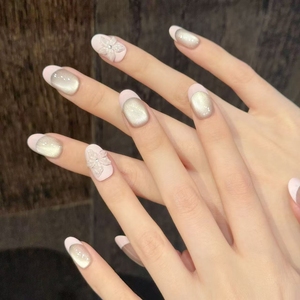 <span class=keywords><strong>Uñas</strong></span> Postizas Acrílicas Ovaladas <span class=keywords><strong>con</strong></span> Diseño de Flor 3D Simple y Punta Francesa, Hechas a Mano, de Alta Calidad, Venta al Por Mayor - Product Image 3