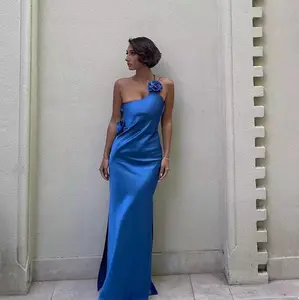 Elegant Blue One Shoulder Straight satin 3D Flowers Sexy Slim Backless Color Luxury Ladies Party Custom Evening Dress Party 2636