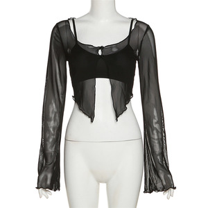 <span class=keywords><strong>Camisa</strong></span> tipo cárdigan <span class=keywords><strong>de</strong></span> malla transparente para mujer, color sólido, manga larga, <span class=keywords><strong>dobladillo</strong></span> con abertura, top corto, chaleco, blusas ajustadas para mujer - Product Image 3