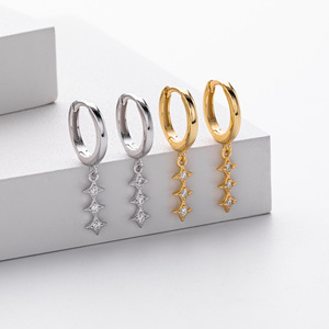 Pendientes de plata 925 para mujer, con circonita en forma de estrella, tipo huggie, colgantes, brillantes, para damas. - Product Image 5