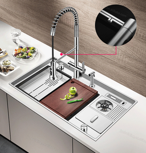 Évier de cuisine en acier inoxydable 304 fait main, cuve unique avec rince-gobelet et poubelle intégrée - Product Image 1