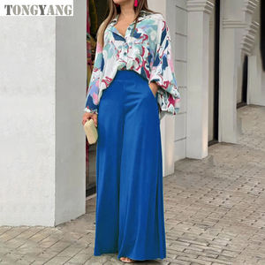 TONGYANG 2-teiliges Set Neu bedruckter Freizeit anzug Lose großes Revers hemd Hohe Taille Flare Pants Zweiteiliges Set Herbst Frau Kleidung - Product Image 2