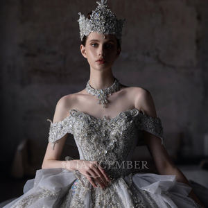 Vestido de Novia Moderno Estilo Vintage LSHT064, Largo Hasta el Suelo, con Hombros Descubiertos, Lentejuelas Brillantes, Estilo Princesa, con Apliques de Cristal y Encaje - Product Image 5