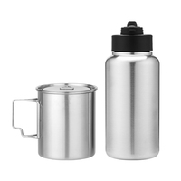 Bouteille d'eau en acier inoxydable avec gobelet de camping et couvercle pour cantine Bushcraft en métal avec bouteille d'eau à large ouverture et kit de désordre