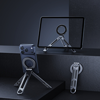 Nouveau support magnétique pliable pour téléphone et tablette en alliage d'aluminium, support de bureau portable avec mousqueton pour selfies en extérieur