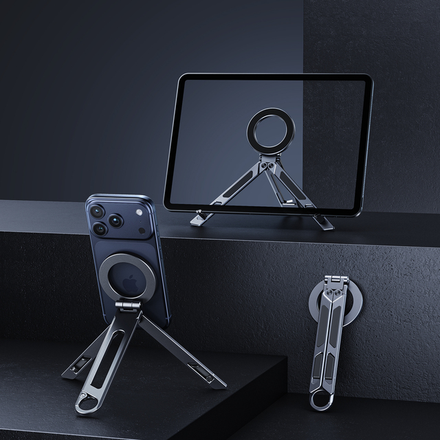 New Magnetic Phone Tablet Stand Foldable Aluminum Alloy Desktop Handheld Support Stand with Carabiner Clip for Selfie Outdoor