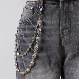 Yueli Double Layer <b>Skull</b> Dice Metal Double <b>Ring</b> Tibetan Silver Waist Chain Hip Hop Punk Style Jeans Charm Casual Wear - Product Image 1