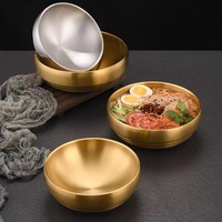 Bol coréen double couche en acier inoxydable poli doré pour salade, soupe, nouilles et riz