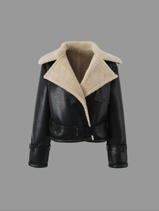 Veste en cuir de mouton véritable aviateur pour <span class=keywords><strong>femme</strong></span> Veste en fourrure de moto décontractée d'hiver recadrée Veste en cuir d'agneau - Product Image 2