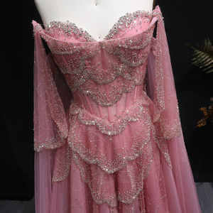 Vestido de Festa Luxuoso Rosa com Decote Ombro a Ombro e Mangas de Capa com Aplicações de Tule Jancember LSZ215 - Product Image 5