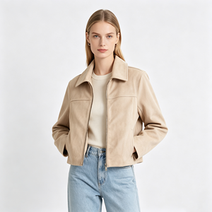 Veste Courte Femme Personnalisée en Faux Daim, Col Revers Rétro, Fermeture Éclair Intégrale, Manteau d'Automne - Product Image 3