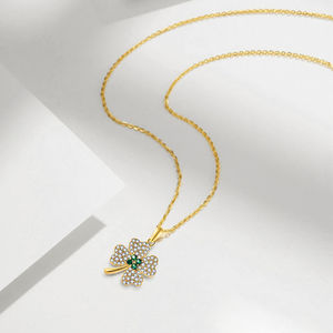 Yilun 925 סטרלינג שרשרת תלתן ארבע עלים 18 קראט מצופה זהב ירוק ואבני cz אבנים מזל תכשיטים קסם לנשים - Product Image 4