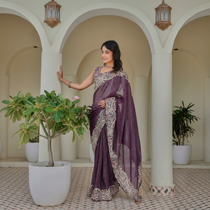 Sari de organza morado oscuro con bordado floral elaborado y blusa para mujer, ropa tradicional india para bodas. - Product Image 2