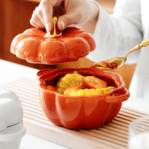 Bol à soupe en céramique sous glaçure créatif en forme <span class=keywords><strong>de</strong></span> citrouille avec couvercle, compatible micro-ondes, pot à ragoût mignon à double poignée pour la maison - Product Image 3