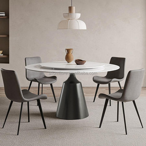 Table à manger ronde de luxe à motif marbré avec plateau tournant en pierre blanche, base évasée noire, 6-8 places, mobilier de restaurant et d'hôtel - Product Image 6