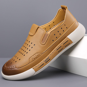 Chaussures Homme en Cuir Véritable à Enfiler, Bout Rond, Respirantes, pour la Marche en Extérieur, Décontractées d'Été, Design Creux, Tige en Cuir de Vachette - Product Image 1