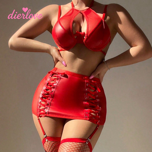 Dierlove Ensemble de lingerie 2 pièces pour femme <span class=keywords><strong>en</strong></span> <span class=keywords><strong>cuir</strong></span> PU noir avec patchwork <span class=keywords><strong>en</strong></span> maille, soutien-gorge à armatures et mini-<span class=keywords><strong>jupe</strong></span> à découpes à lacets, style body - Product Image 4