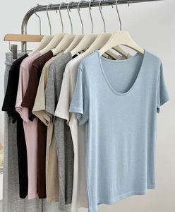 Camiseta Corta Sexy de Verano para Mujer, de Color Sólido, de Seda/Algodón, con Hombros Descubiertos, Cuello Redondo, Corte Regular, Manga Corta, Básica - Product Image 1