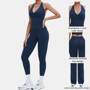 Ensemble de sport tendance pour femme : Haut dos nu à col en V croisé, short taille haute, leggings slim, pantalon large et ample pour le yoga, l'entraînement et la gym - Product Image 3