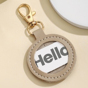 Pu Round Luggage Tag Keychain Card <b>Holder</b> Portable Leather Access <b>Control</b> Pendant Fashionable Solid Color Key Accessories - Product Image 3