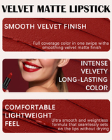 Rouge à lèvres mat velours hydratant, waterproof, couvrance totale, longue tenue, 6 teintes, OEM ODM, étiquette privée, logo personnalisé, vente en gros