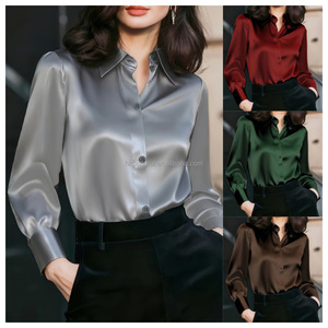 Spring/Summer Casual Fashion Plain Dyed <b>Blouse</b> Professional Breasted <b>Satin</b> Shirts Women's gold <b>Satin</b> <b>Blouse</b> Long Sleeve - Product Image 5