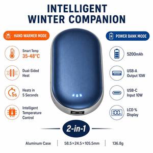 เครื่องอุ่นมือไฟฟ้า พาวเวอร์<span class=keywords><strong>แบ</strong></span>งค์ 5200mAh 35-48 ° C Smart Temp Dual Sided Heat 5 วินาที ชาร์จผ่าน USB-C ได้ อะลูมิเนียม OEM - Product Image 2