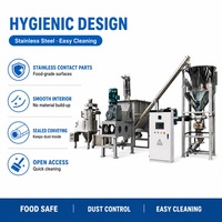 Ligne complète de traitement de poudres et granulés : Station d'alimentation de matériaux, Convoyeur à vis sans fin, Bacs de stockage, Mélangeur à ruban, Machine d'emballage