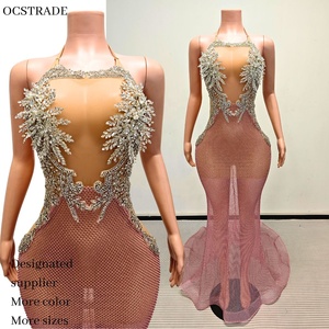 ชุดราตรีงานพรอมทรงบอลกาวน์ ดีไซน์หรูหรา โดดเด่น  แบบคอวี  ผ้าคริสตัล  ไม่มีสายหลัง  ทรงเอ  ชายกระโปรงยาว  งานแฮนด์เมดสั่งตัดพิเศษ - Product Image 1