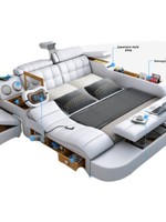 Lit Tatami Moderne Intelligent et Minimaliste en Cuir avec Massage Électrique, Projecteur et Armoire de Rangement Multifonction Tout-en-un Combo Plus