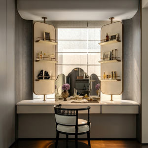 <strong>Bedroom</strong> Floating <strong>Vanity</strong> <strong>Unit</strong>, with Dark Wood Pillars and Open Shelves LED Decorative Lights - Product Image 2