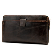 Dompet Perjalanan Tempat Kartu Paspor Panjang Tahan Air Ritsleting Antik Kulit Asli Pria Tas Clutch Kapasitas Besar Warna Solid SW