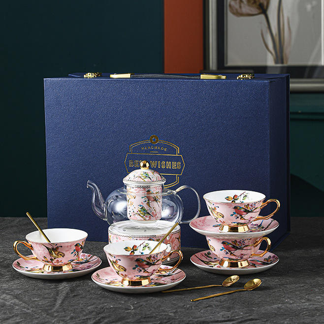 Pink bird 1 flower teapot 4 cups 4 plates 4 spoons (gift box)
