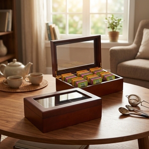 <span class=keywords><strong>Caja</strong></span> de Té de <span class=keywords><strong>Madera</strong></span> Oscura con Tapa de Vidrio Transparente, Organizador de Bolsitas de Té con 6 <span class=keywords><strong>Compartimentos</strong></span>, Exhibidor para Encimera de Cocina - Product Image 1