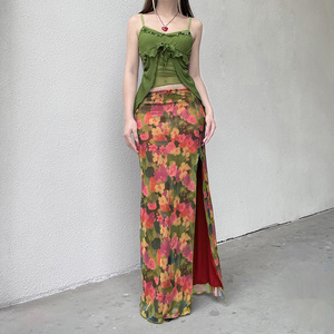 Falda Maxi Vintage con Estampado Floral de Pintura al Óleo para Mujer, de Cintura Baja, con Contraste de Color, Abertura Alta y Ajuste Delgado, Falda de Diseño Llamativo - Product Image 1
