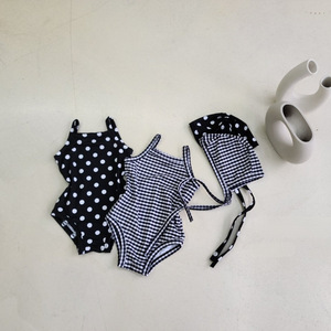 Traje de Baño de una Pieza con Tirantes para Bebés Niñas, Estilo Coreano, con Estampado de Lunares y Cuadros, con Capucha, sin Mangas, Material de Nailon - Product Image 1