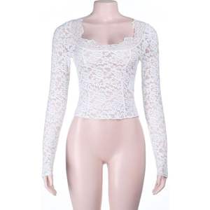 Haut court en dentelle pour femmes, col carré, manches longues, maille respirante, longueur courte, blanc - Product Image 1