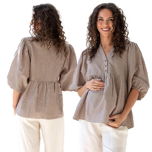 Chemise à manches courtes en coton uni à col en V avec boutons pour la maternité et l'allaitement, chemisier d'allaitement pour femmes enceintes - Product Image 2