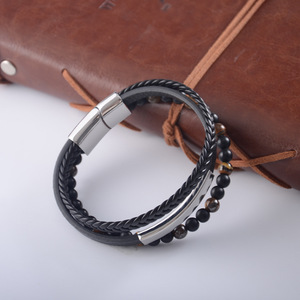 Men's Multi-layer <b>Leather</b> <b>Bracelet</b> With Tiger Eye Beads Stainless Steel Buckle 7.5 8.5 9 Inches Gift Jewelry - Product Image 1