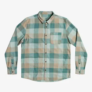Comfort regular fit male green and blue color plaid shirt with pockets men's single-breasted long sleeve checked shirts