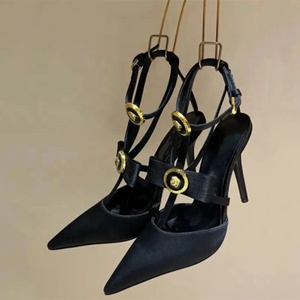 Ankle Buckles Women Metal Ornaments Stiletto High Heels Sandals Bow T-strap Slingback Ladies Summer Satin Dress Shoes - Product Image 5