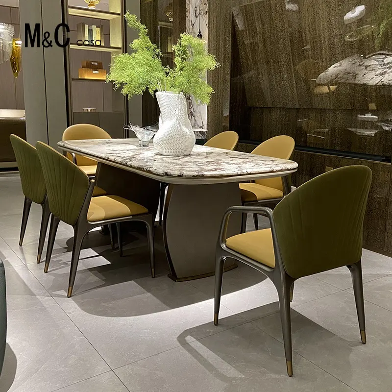 Yüksek kaliteli restoran mobilya fiyat mermer masa yemek masası seti 6 kişilik sandalye Modern lüks mermer yemek masası setleri