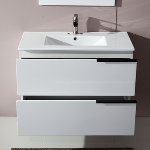 Modern White <b>Floating</b> Bathroom Vanity with Sink Mirror Wall Mounted two Drawers Cabinet - Product Image 3