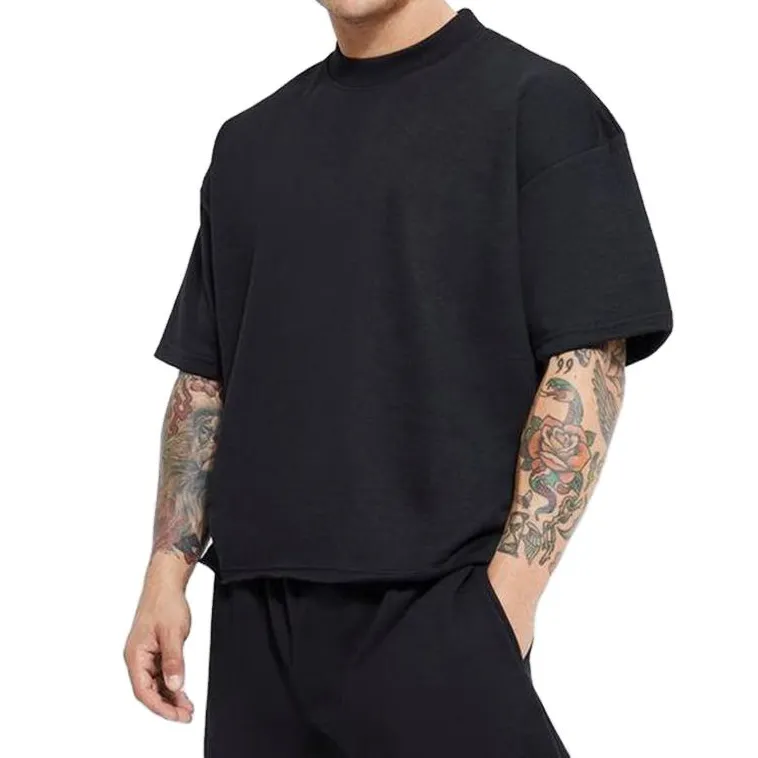 Kaliteli erkekler Boxy Fit kırpılmış boy T-shirt sokak giyim düz T Shirt adam % 100% pamuk damla omuz Tshirt için özel