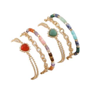 Boho18k Pulsera de aleación chapada en oro Elástico en forma de corazón Piedra natural Ajustable 3 piezas Conjunto de pulsera - Product Image 1